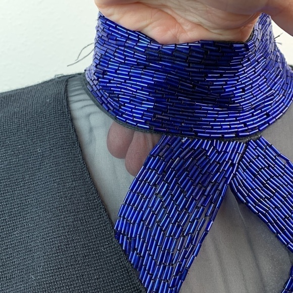 Vintage wool blend 90s beaded sheer illusion deep V neck fitted sheath dress EUC - Picture 5 of 13